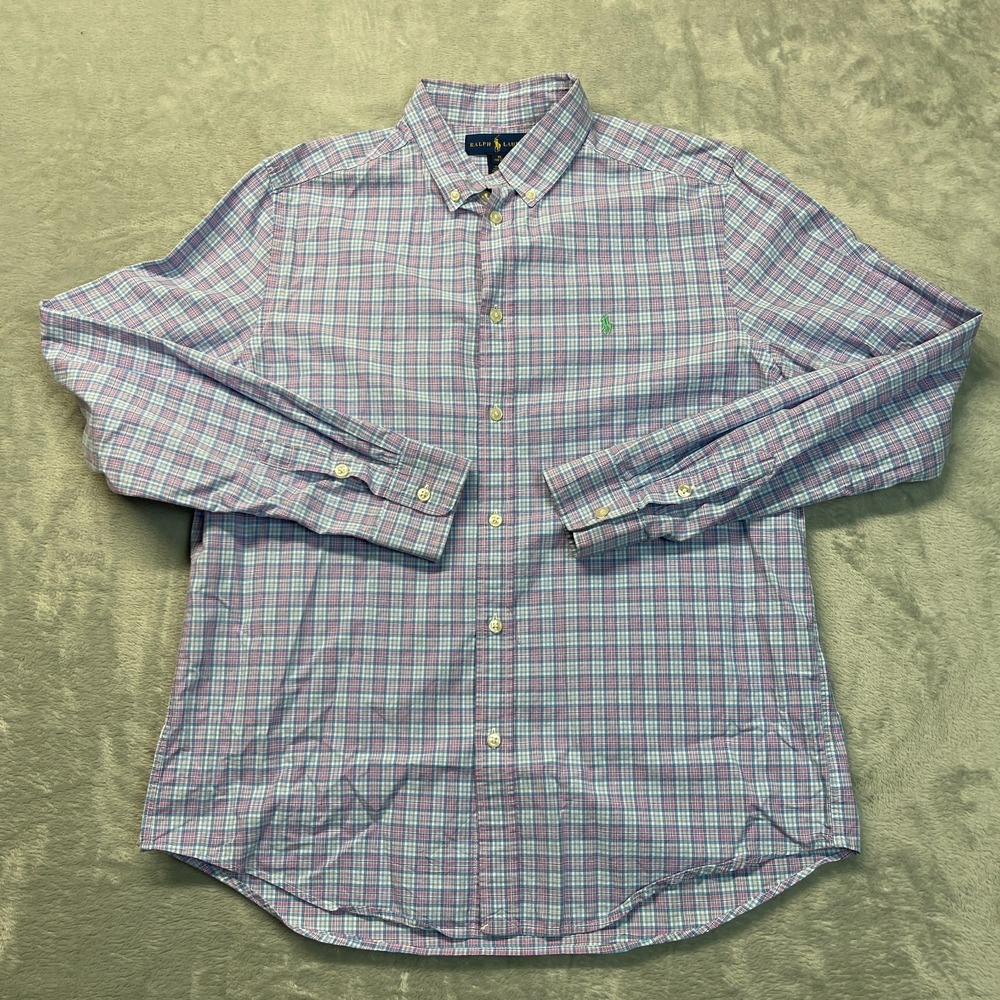 Ralph Lauren Shirt Womens XL Pink Blue Plaid Button Down Green Polo Pony Logo